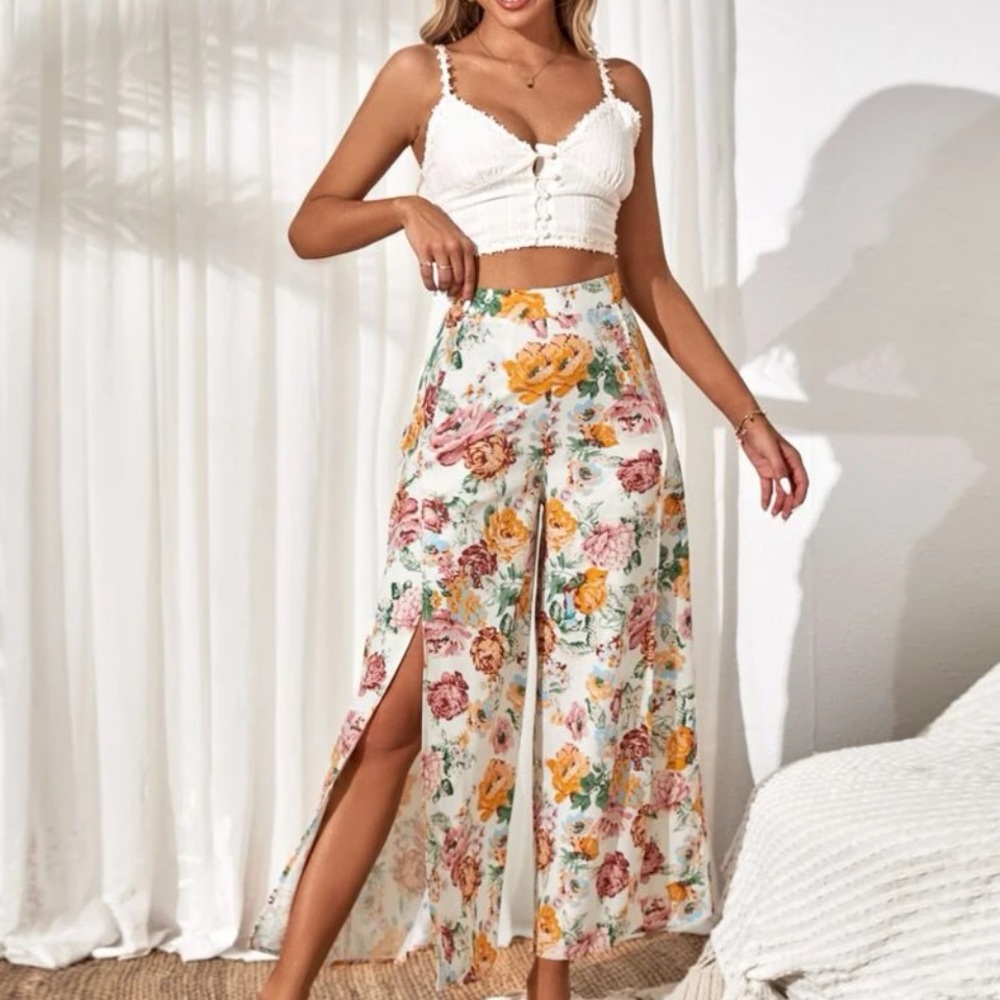 Floral print split thigh high wide leg pants